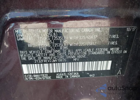 2018 Toyota Rav4 Le из США, поврежденный, VIN 2T3ZFREV2JW419835